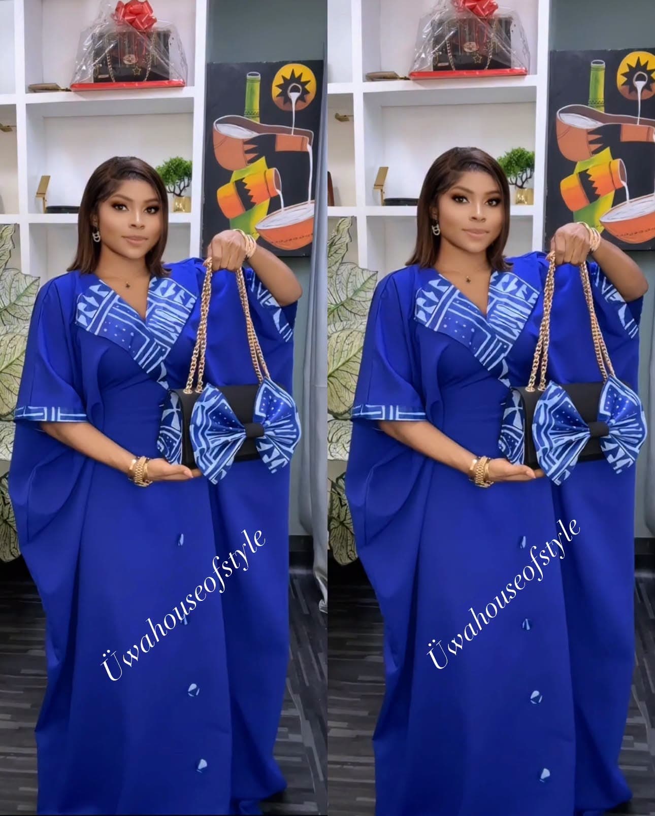 Azure Geometric Collar Kaftan & Bow Bag